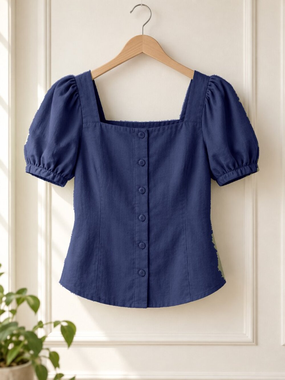 Women's Dark Denim Blue Square Neck Puff Sleeve Button Front Blouse